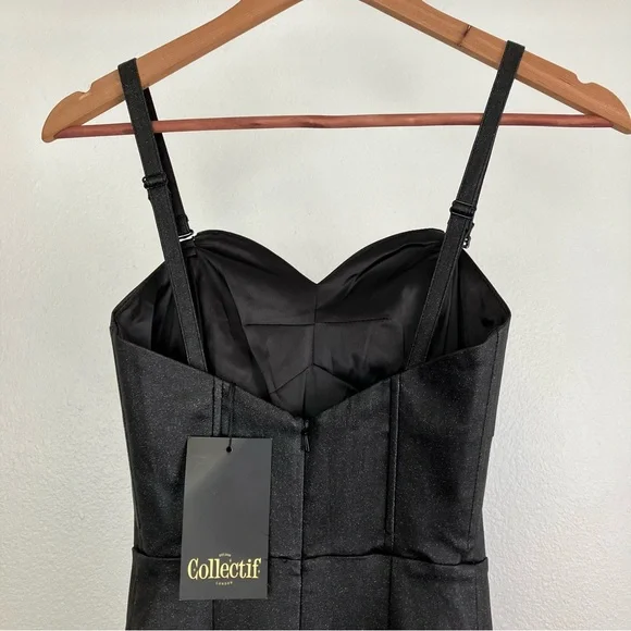 SOLD Collectif Black Glitter Maxi Prom Dress - Leather Look Mermaid Gown XS - Picture 7 of 16